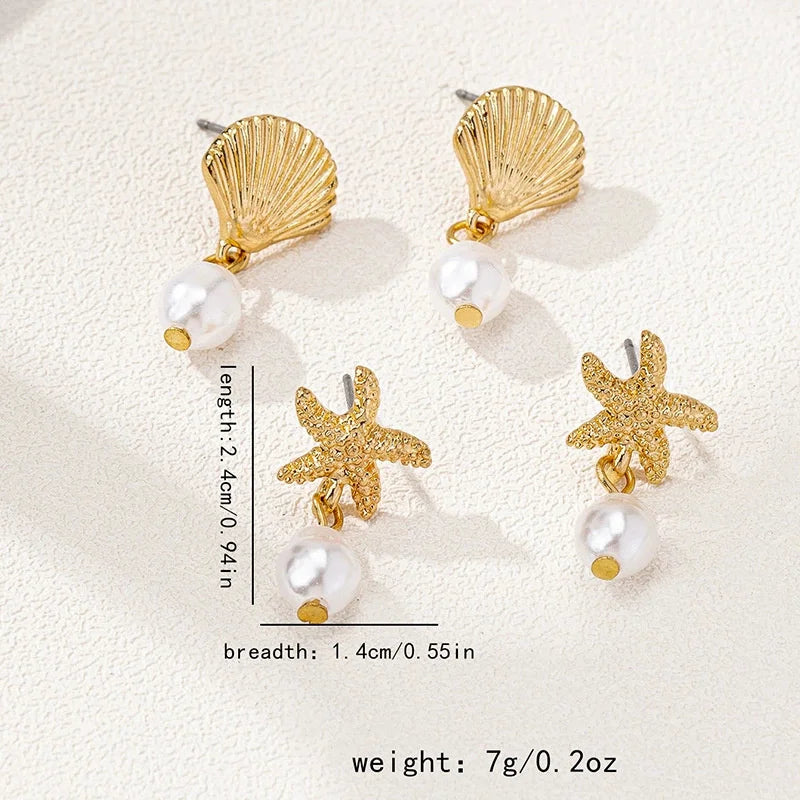 Ocean Pearl Starfish Drop Earrings – Gold Shell Beach Jewelry for Women