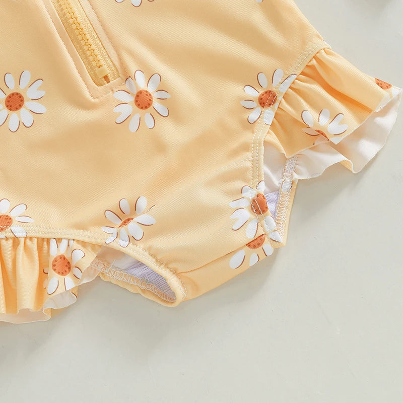 Baby Girl Long Sleeve Rash Guard Swimsuit with Hat – Floral Zipper Bathing Suit