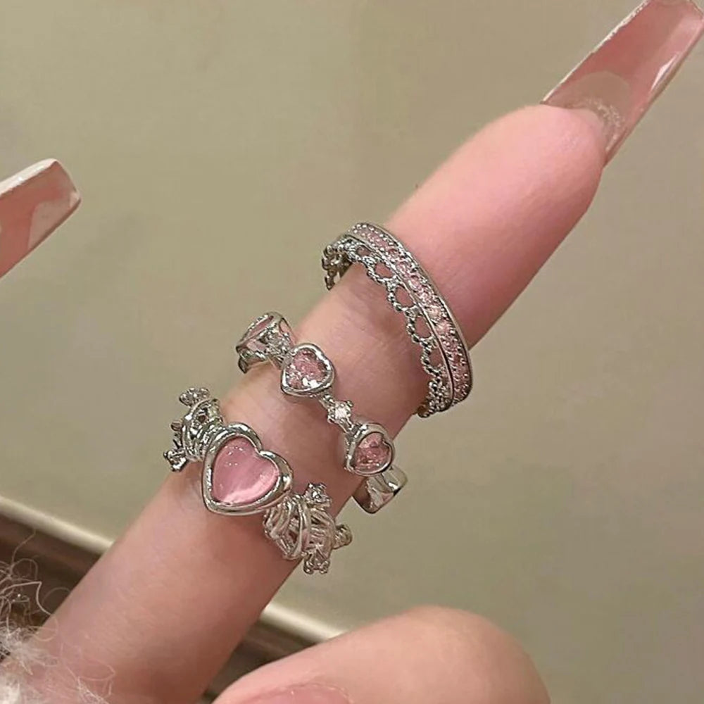 2PCS Sparkling Fairy Crown Rings Set – Adjustable Crystal Queen Party Jewelry for Women