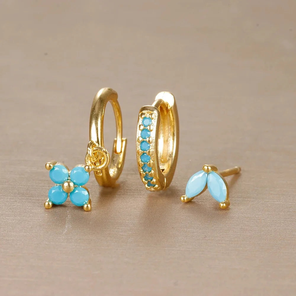 Trendy 3PCS Flower Drop Earrings Set – Stainless Steel Crystal Zirconia Dangle Earrings for Women