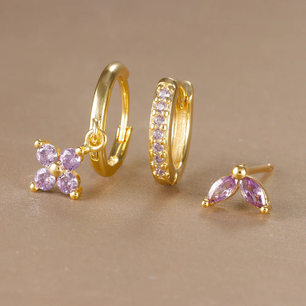 Trendy 3PCS Flower Drop Earrings Set – Stainless Steel Crystal Zirconia Dangle Earrings for Women
