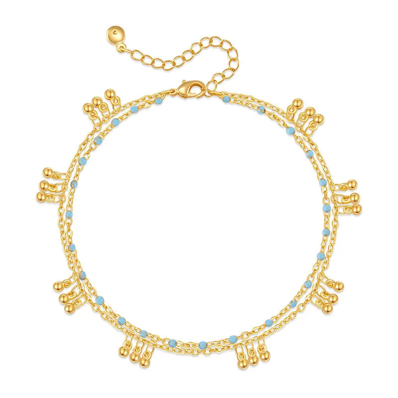 Double Layer Gold Bead Anklet – Elegant Summer Foot Chain