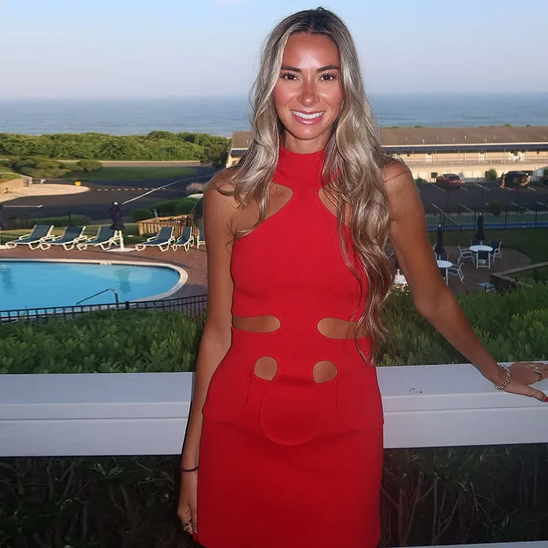 Chic Halter Bodycon Mini Dress – Sleeveless, Hollow-Out Cutout