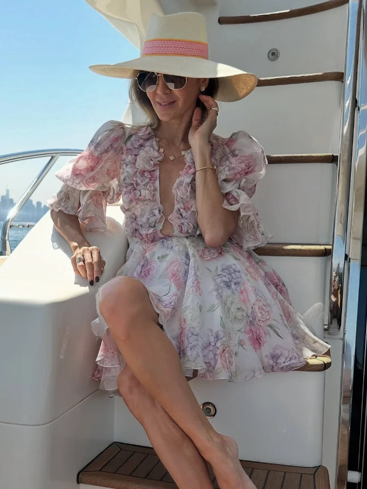 Printed Flare Sleeve Pleated Dress – Elegant V-Neck Evening Gown