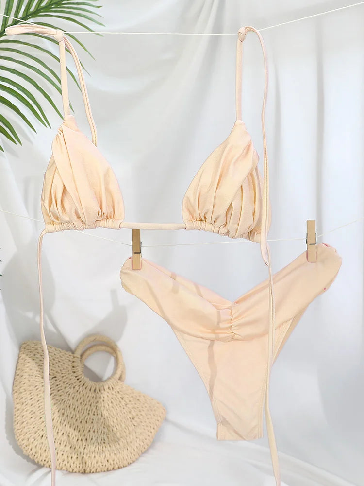 Women's Solid Triangle Bikini Set – Sexy Folded Micro Swimwear