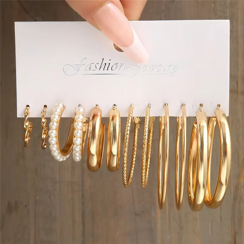 Boho Geometric Hoop Earrings Set – Gold & Pearl Statement Jewelry for Women