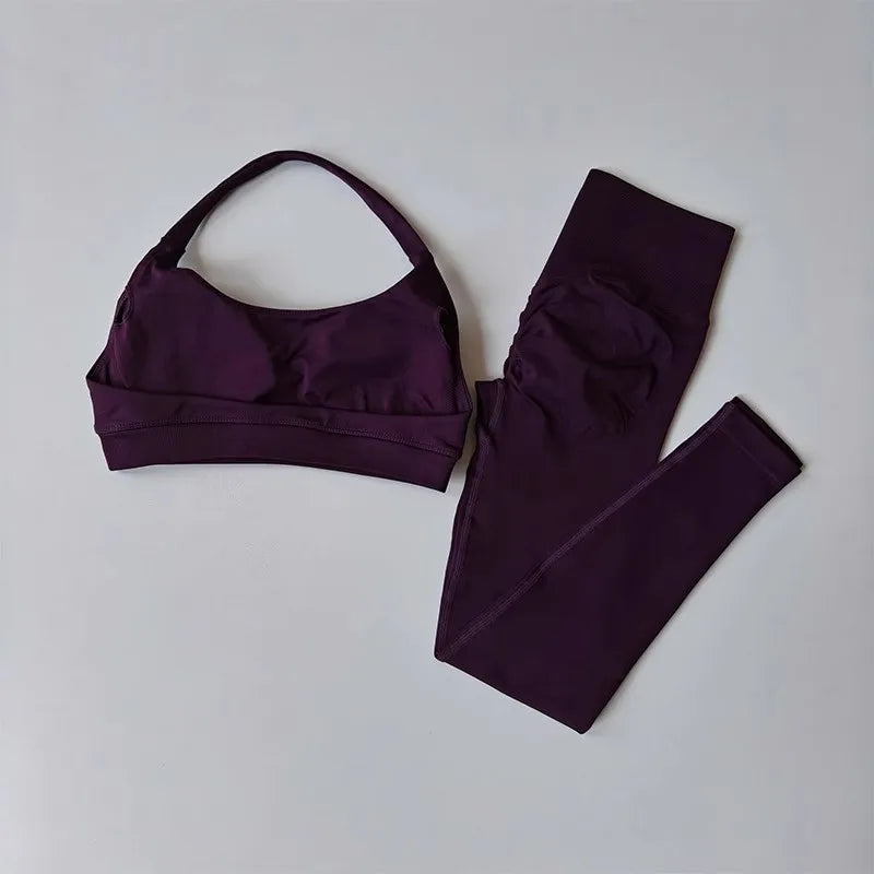 Sculpting Seamless 2-Piece Yoga Set – High-Waisted Gym Leggings & Neck-Hanging Sports Bra