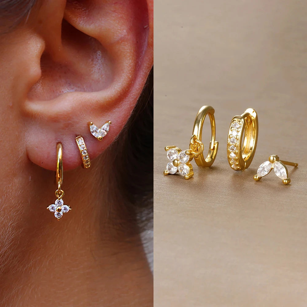 Trendy 3PCS Flower Drop Earrings Set – Stainless Steel Crystal Zirconia Dangle Earrings for Women