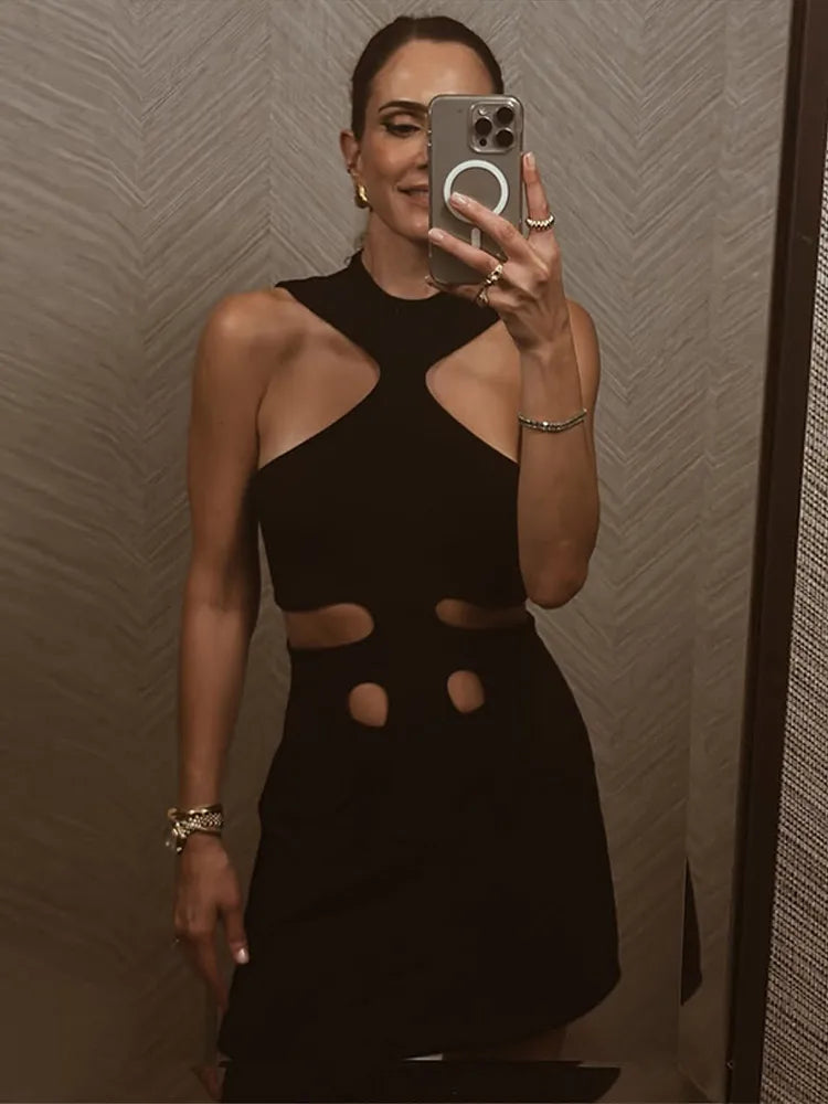 Chic Halter Bodycon Mini Dress – Sleeveless, Hollow-Out Cutout