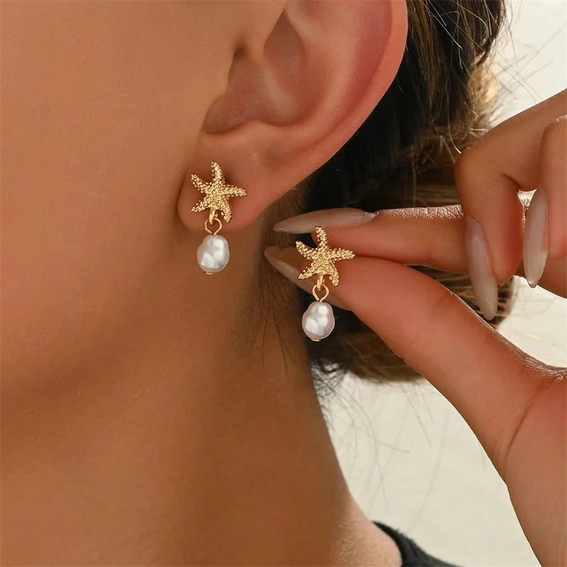 Ocean Pearl Starfish Drop Earrings – Gold Shell Beach Jewelry for Women