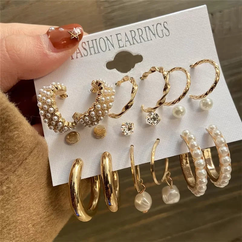 Boho Geometric Hoop Earrings Set – Gold & Pearl Statement Jewelry for Women