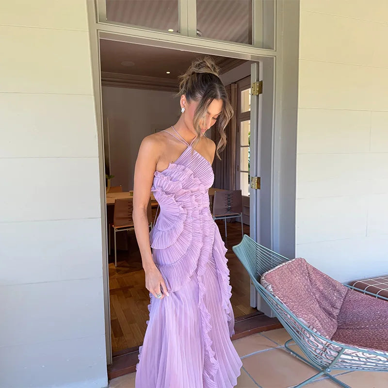 Purple Pleated Strapless Maxi Dress – Halter Neck Vacation Gown