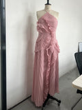 Purple Pleated Strapless Maxi Dress – Halter Neck Vacation Gown