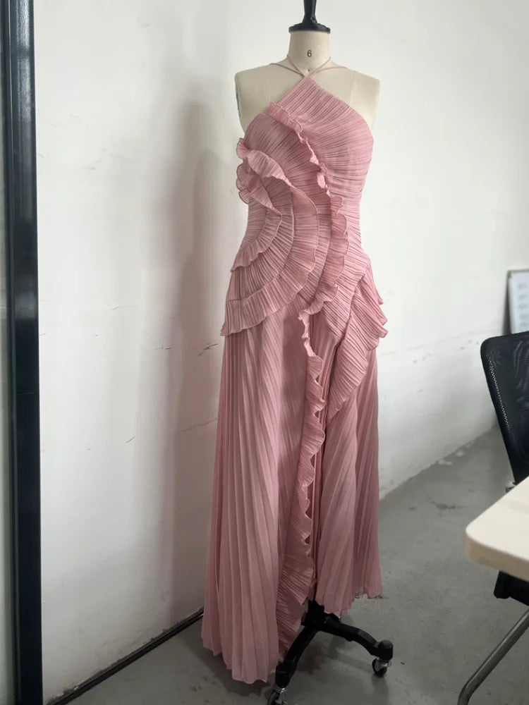 Purple Pleated Strapless Maxi Dress – Halter Neck Vacation Gown