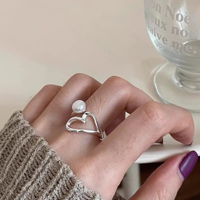 Women's 925 Sterling Silver Heart Pearl Ring – Elegant Korean Sweet Jewelry Gift