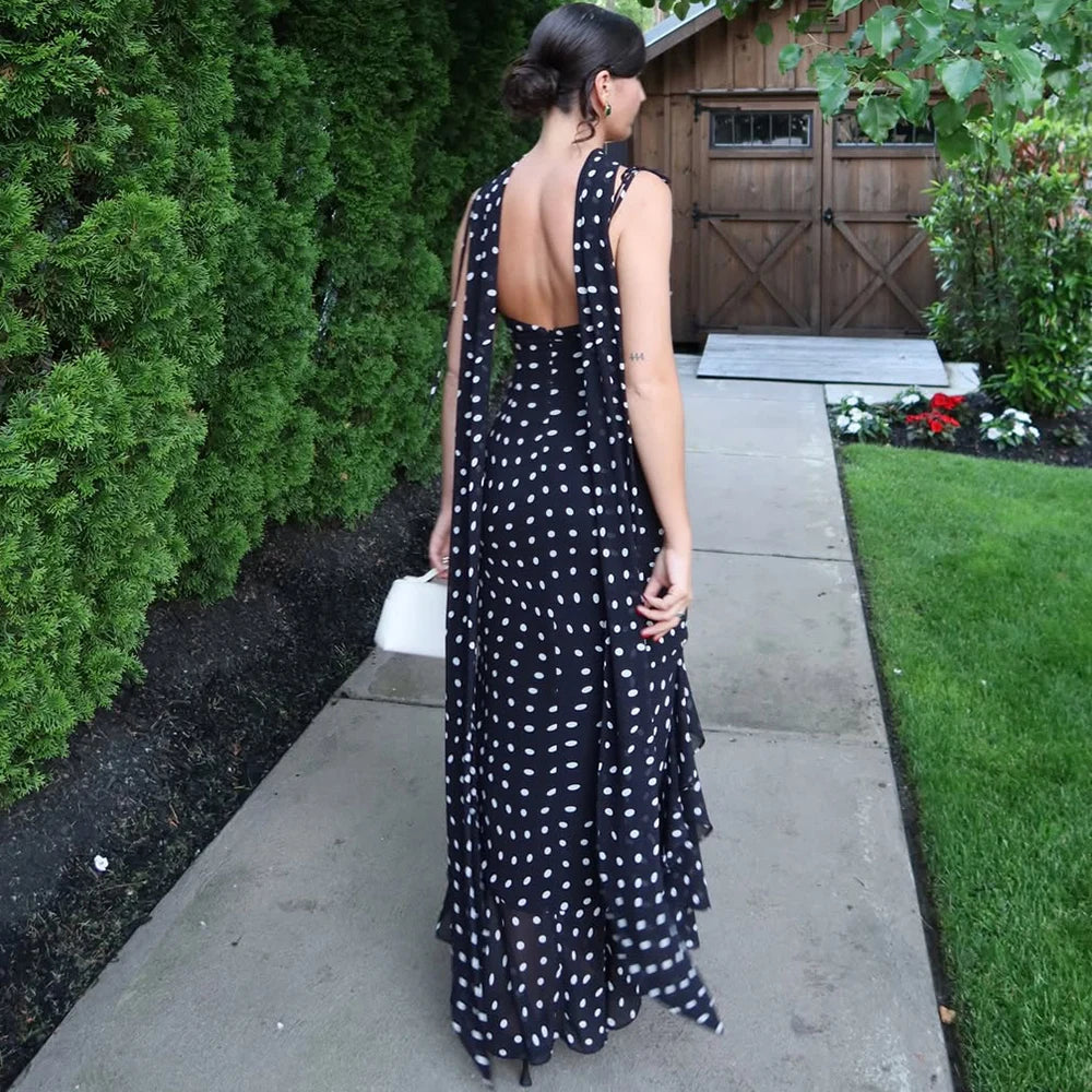 Women's Elegant Halter Pleated Maxi Dress – Polka Dot Ruffle Sleeveless Evening Party Dress