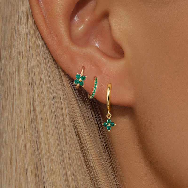 Trendy 3PCS Flower Drop Earrings Set – Stainless Steel Crystal Zirconia Dangle Earrings for Women