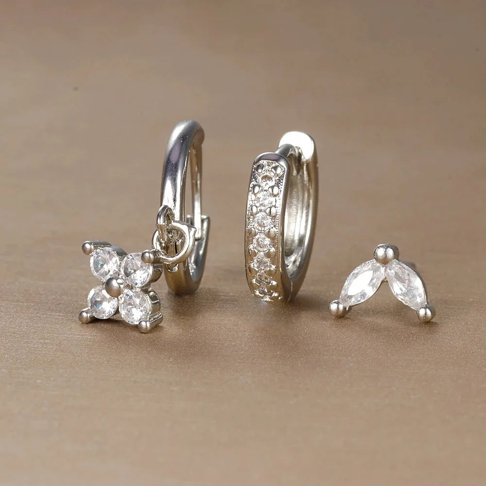 Trendy 3PCS Flower Drop Earrings Set – Stainless Steel Crystal Zirconia Dangle Earrings for Women