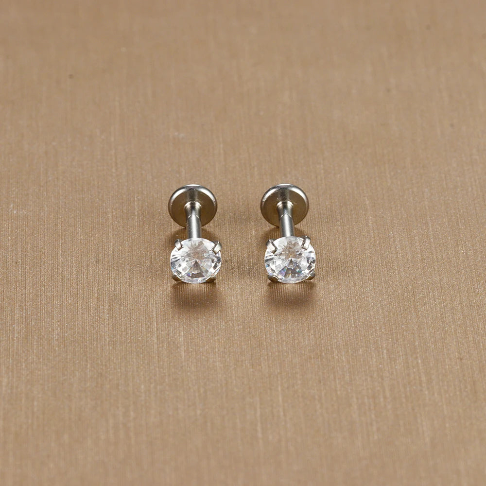 2PCS Stainless Steel Labret Stud Earrings – 16G CZ Crystal Tragus, Helix, Conch & Lip Piercing Jewelry