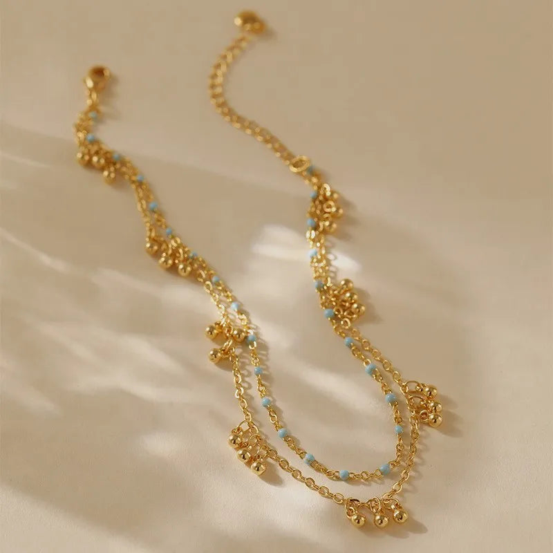 Double Layer Gold Bead Anklet – Elegant Summer Foot Chain