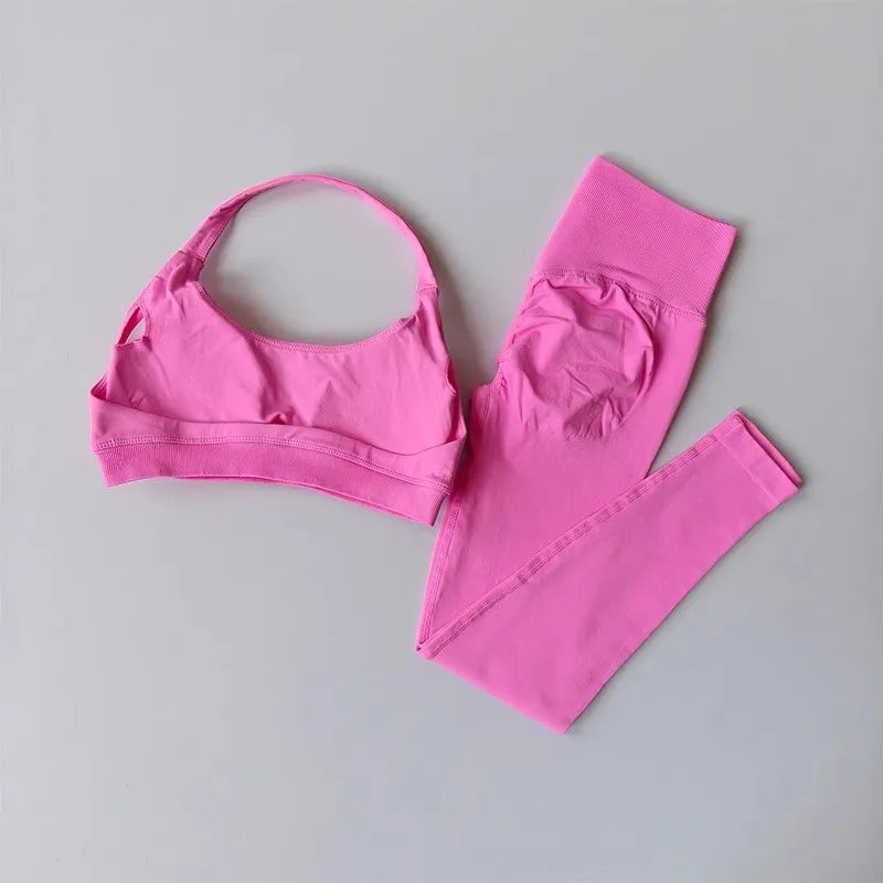 Sculpting Seamless 2-Piece Yoga Set – High-Waisted Gym Leggings & Neck-Hanging Sports Bra