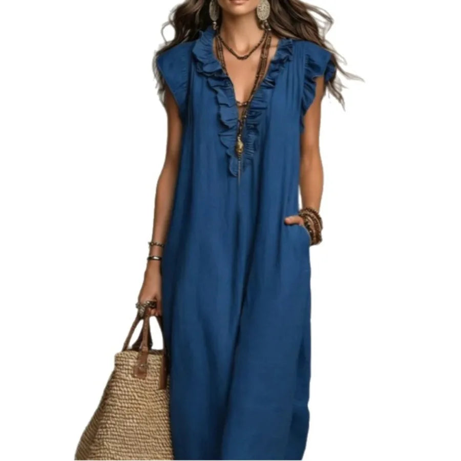 Elegant Bow Neck Mesh Dress for Women – Knee-Length Chiffon Loose Fit Dress