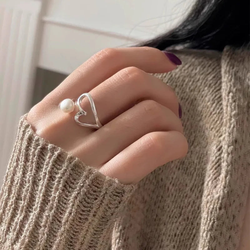 Women's 925 Sterling Silver Heart Pearl Ring – Elegant Korean Sweet Jewelry Gift
