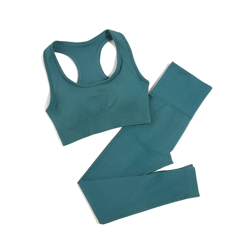 Seamless High-Waist Yoga Set for Women – Sculpting Gym Leggings & Sports Bra Workout Suit