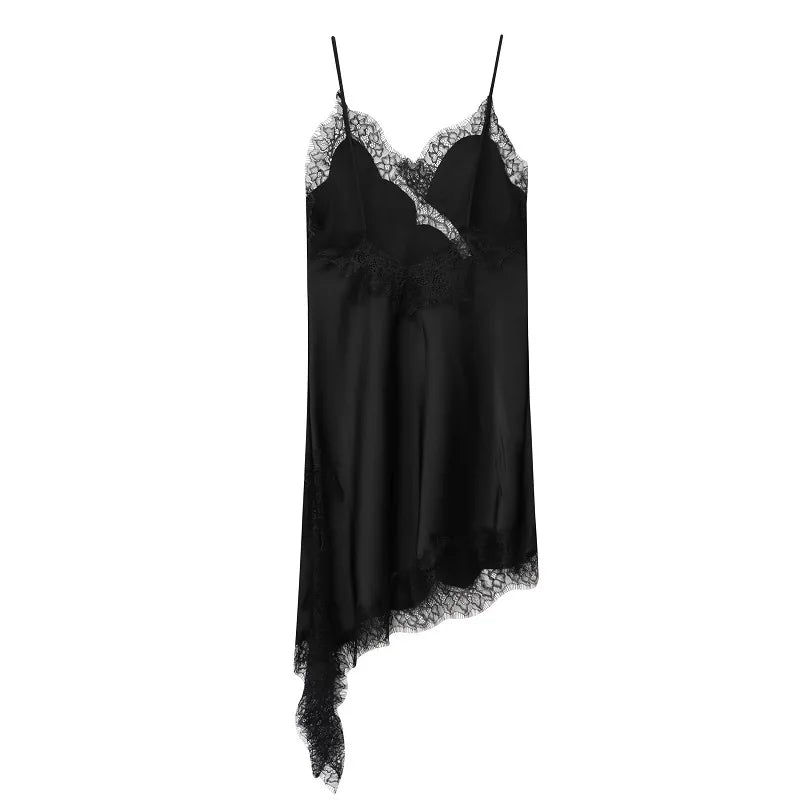 Lace Satin Backless Mini Dress – Asymmetric Slip Party Dress for Women