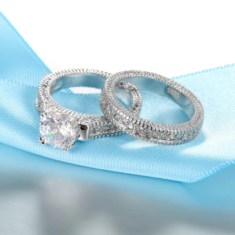925 Sterling Silver Couple Rings Set – Elegant Wedding & Engagement Cubic Zirconia Jewelry