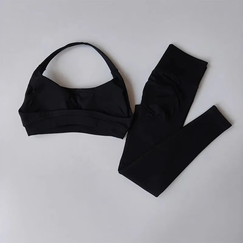 Sculpting Seamless 2-Piece Yoga Set – High-Waisted Gym Leggings & Neck-Hanging Sports Bra