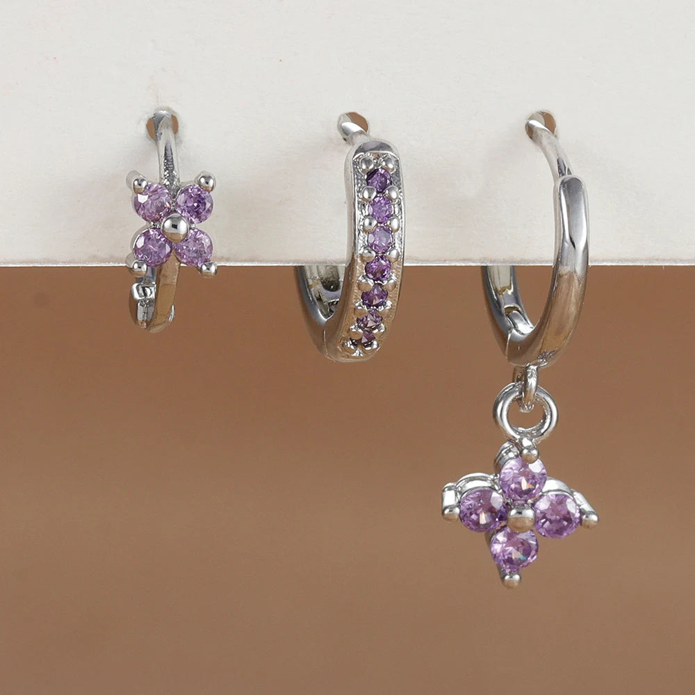 Trendy 3PCS Flower Drop Earrings Set – Stainless Steel Crystal Zirconia Dangle Earrings for Women