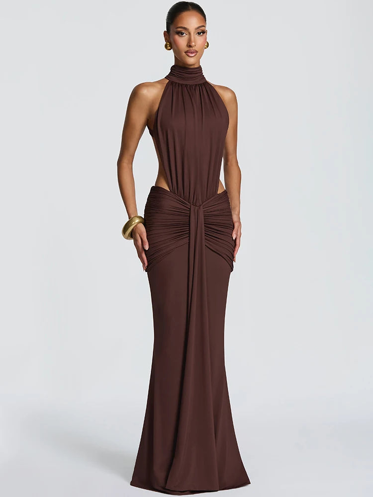 Women's Turtleneck Backless Maxi Dress – Elegant Off-Shoulder Ruched Bodycon Party Gown
