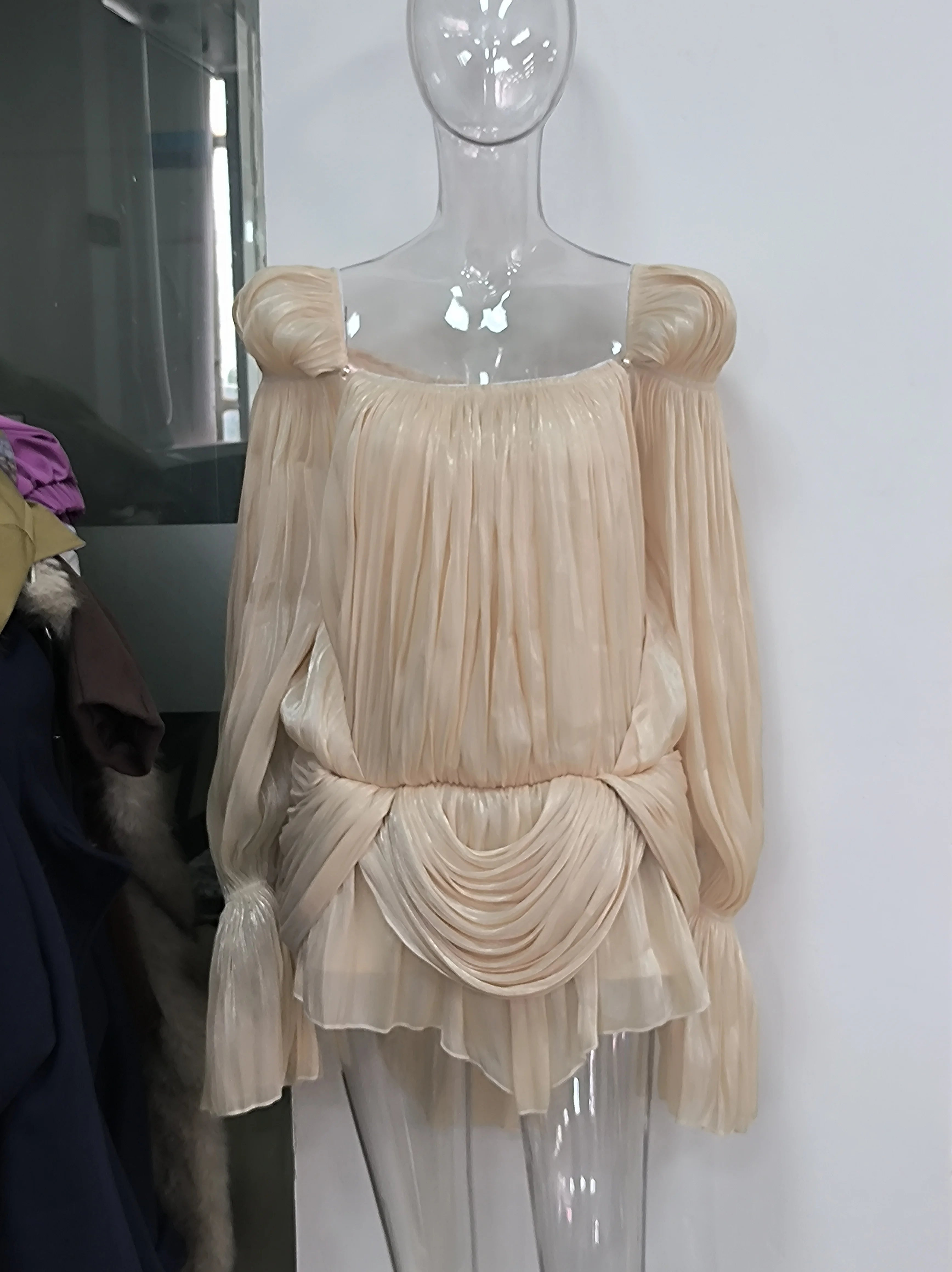 Satin Off-Shoulder Pleated Mini Dress – Puff Sleeve Party Dress