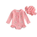 Baby Girl Long Sleeve Rash Guard Swimsuit with Hat – Floral Zipper Bathing Suit