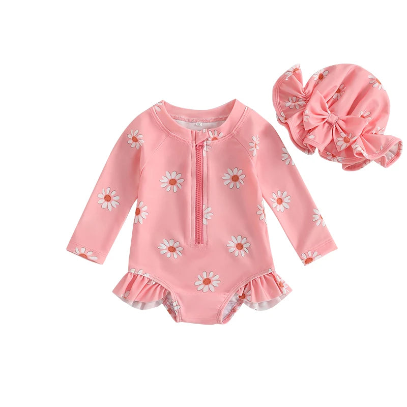Baby Girl Long Sleeve Rash Guard Swimsuit with Hat – Floral Zipper Bathing Suit