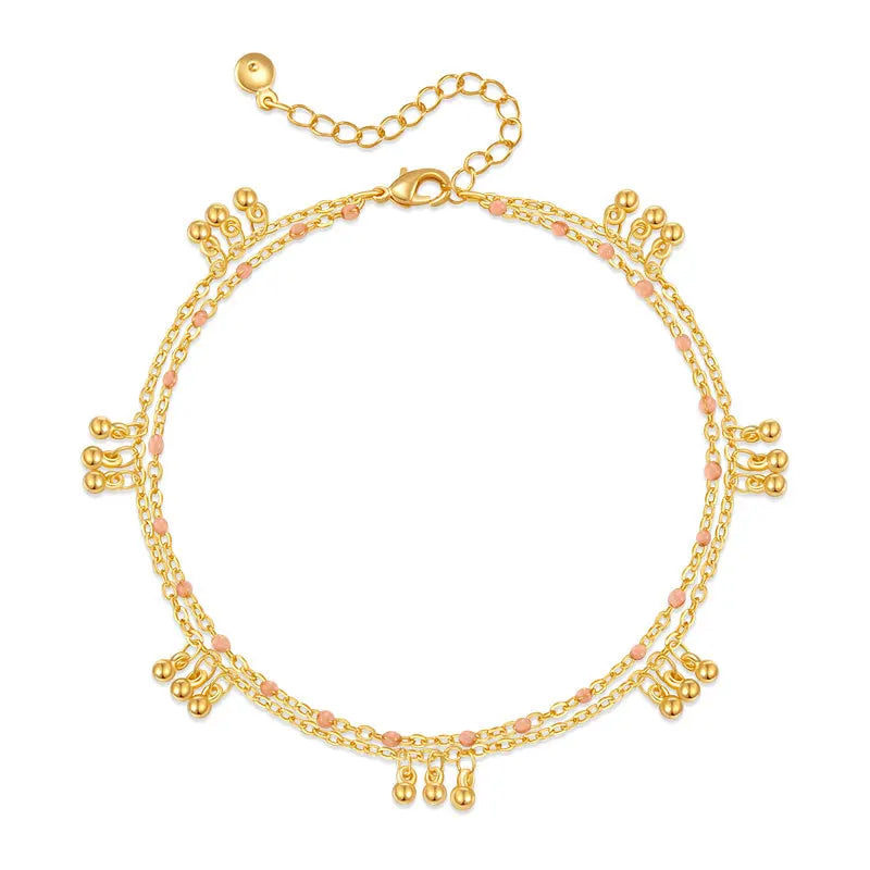 Double Layer Gold Bead Anklet – Elegant Summer Foot Chain