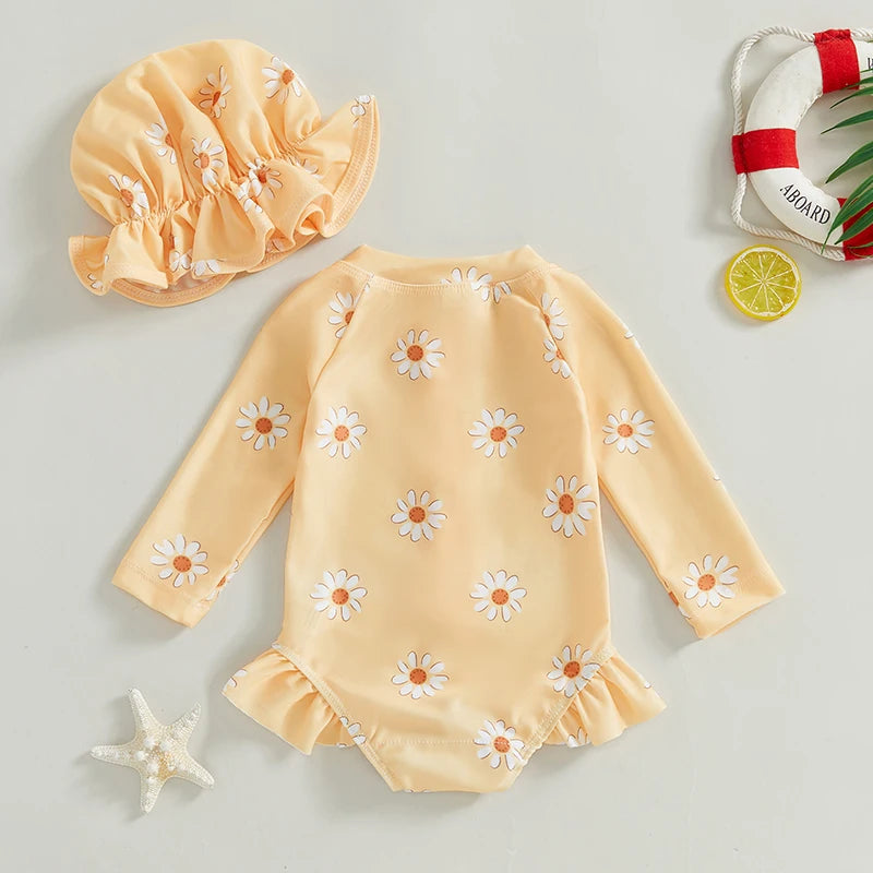 Baby Girl Long Sleeve Rash Guard Swimsuit with Hat – Floral Zipper Bathing Suit