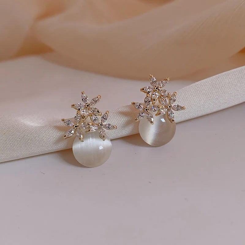 Flower Opal & Rhinestone Stud Earrings for Women – Small Elegant Floral Jewelry Gift
