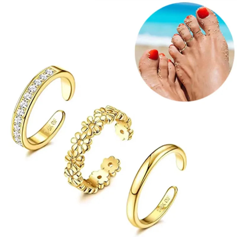 3PCS Gold Plated Zircon Toe Rings for Women – Adjustable Summer Beach Foot Jewelry Set