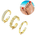 3PCS Gold Plated Zircon Toe Rings for Women – Adjustable Summer Beach Foot Jewelry Set