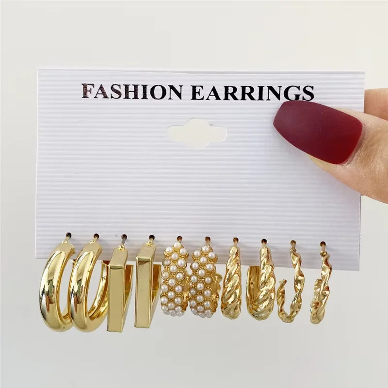 Boho Geometric Hoop Earrings Set – Gold & Pearl Statement Jewelry for Women