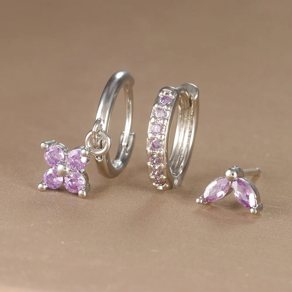Trendy 3PCS Flower Drop Earrings Set – Stainless Steel Crystal Zirconia Dangle Earrings for Women