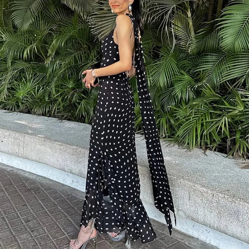 Women's Elegant Halter Pleated Maxi Dress – Polka Dot Ruffle Sleeveless Evening Party Dress