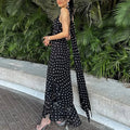 Women's Elegant Halter Pleated Maxi Dress – Polka Dot Ruffle Sleeveless Evening Party Dress