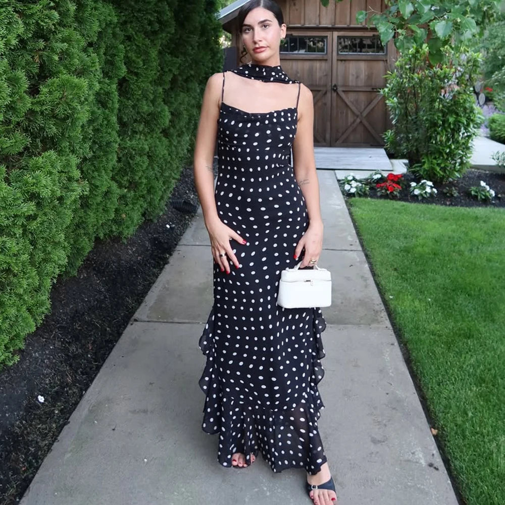 Women's Elegant Halter Pleated Maxi Dress – Polka Dot Ruffle Sleeveless Evening Party Dress