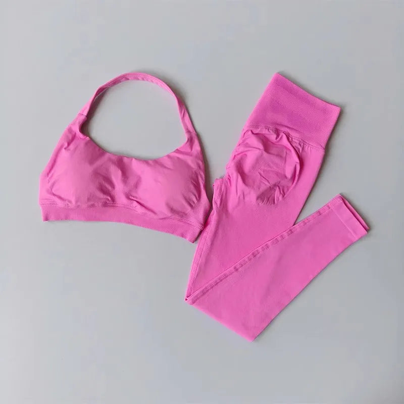 Sculpting Seamless 2-Piece Yoga Set – High-Waisted Gym Leggings & Neck-Hanging Sports Bra