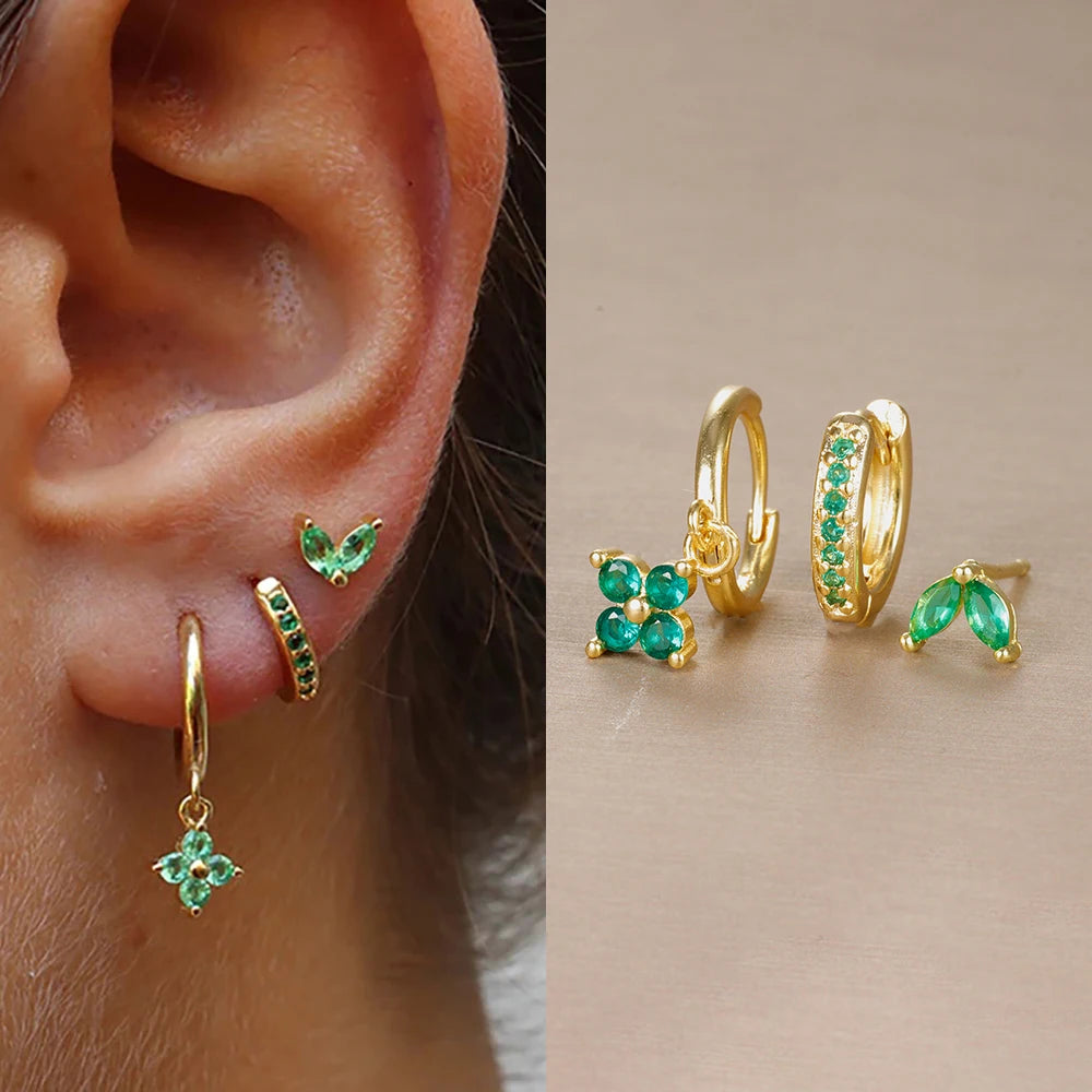 Trendy 3PCS Flower Drop Earrings Set – Stainless Steel Crystal Zirconia Dangle Earrings for Women
