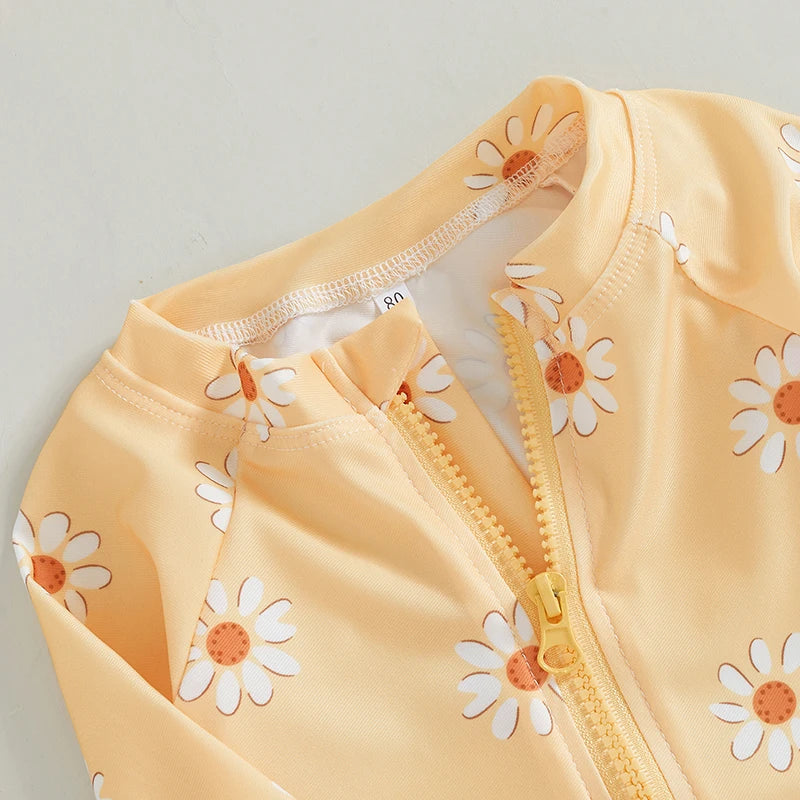 Baby Girl Long Sleeve Rash Guard Swimsuit with Hat – Floral Zipper Bathing Suit