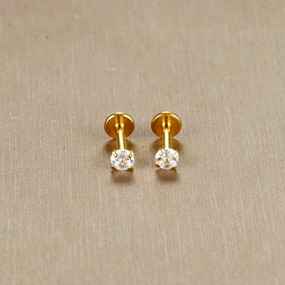 2PCS Stainless Steel Labret Stud Earrings – 16G CZ Crystal Tragus, Helix, Conch & Lip Piercing Jewelry